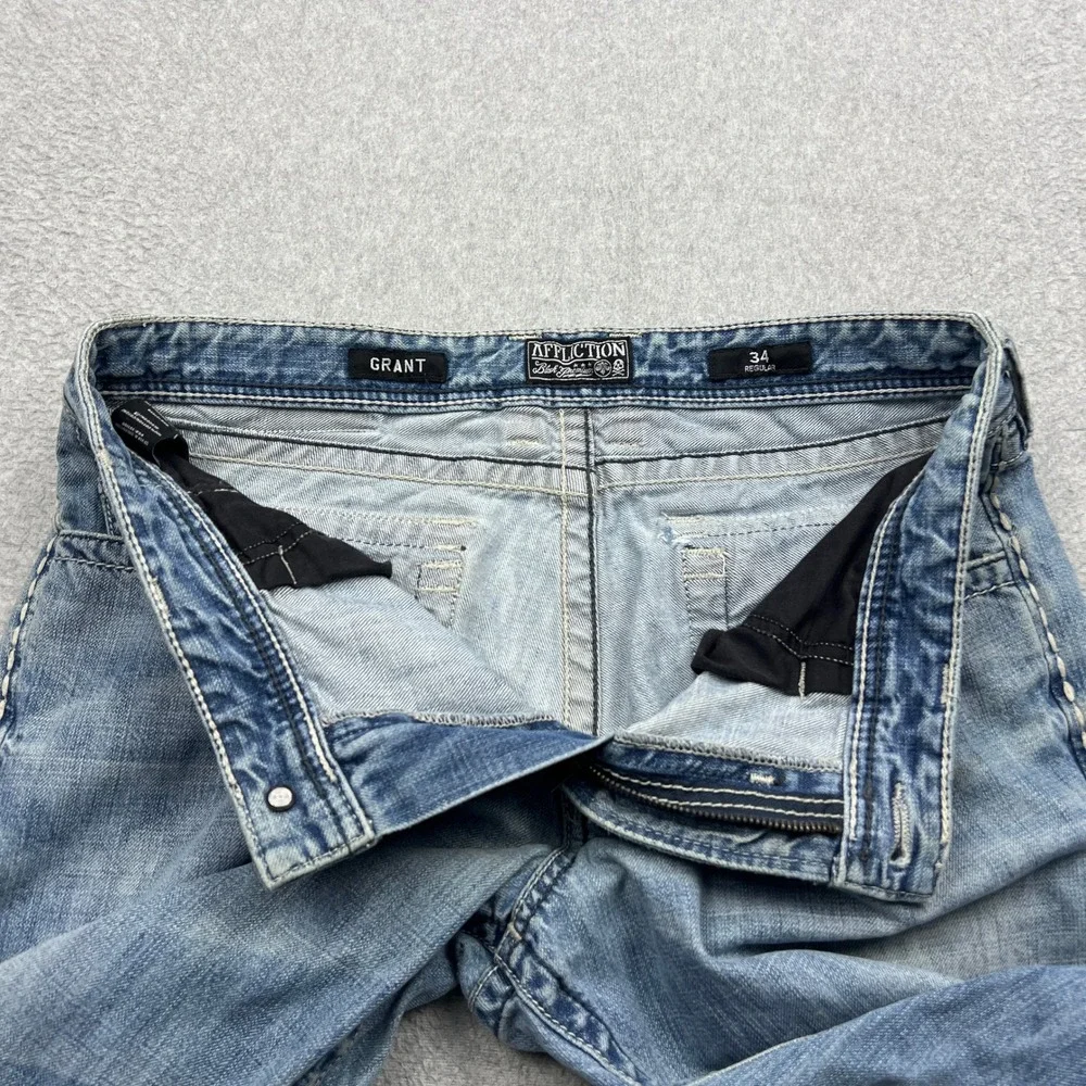 Affliction Grant Jeans Mens 34* Blue Embroidered Cross Pockets Straight Leg